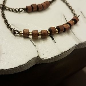Layered Dark Wood and Gold Studded Bar Necklace